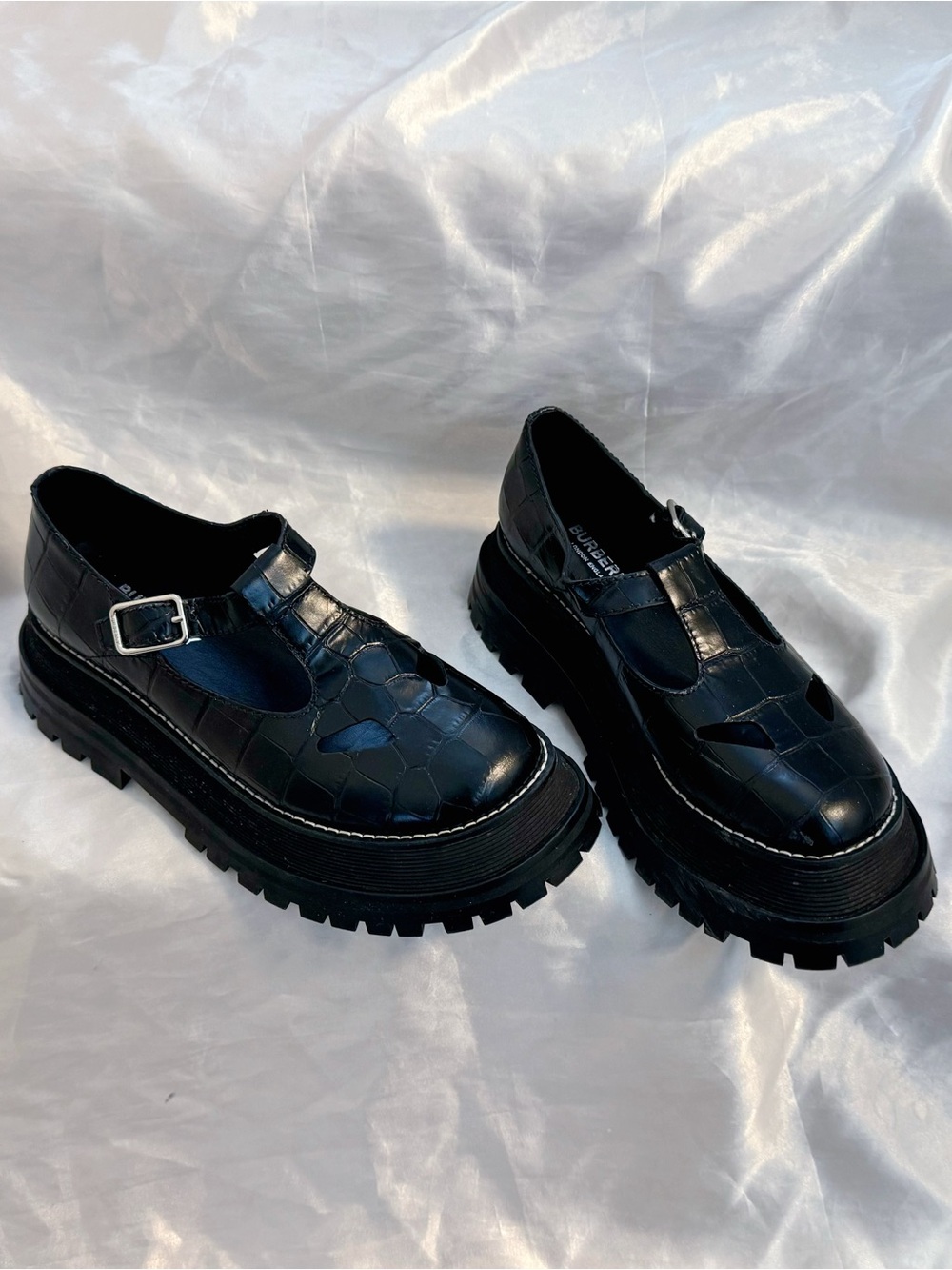 Burberry Aldwych black croc-embossed leather platform T-bar shoes